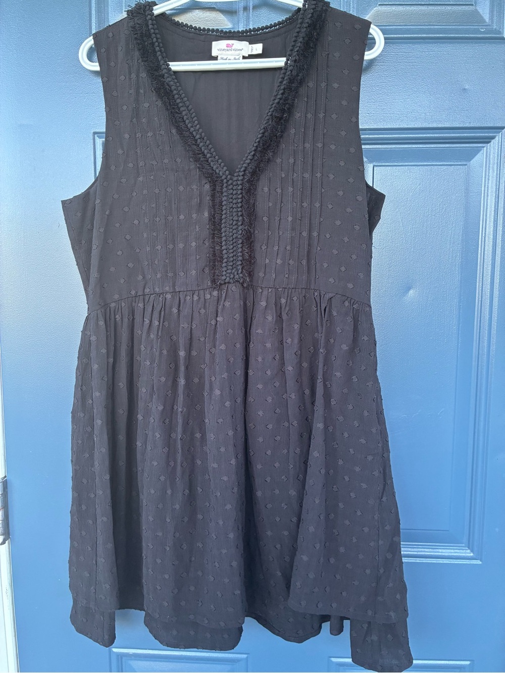 Vineyard Vines Women's Size L Black Swiss Dot Fringe Pintuck Sleeveless Dress